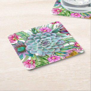 Succulents Echeveria Cactus Flowers  Square Paper Coaster