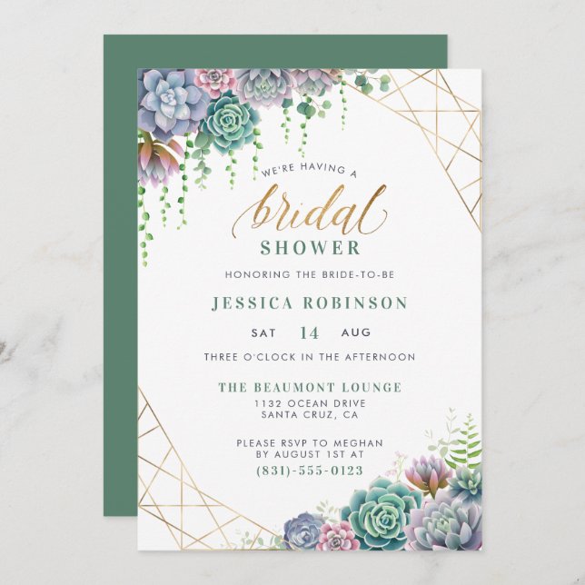 Succulents & Elegant Gold Script Bridal Shower Invitation (Front/Back)