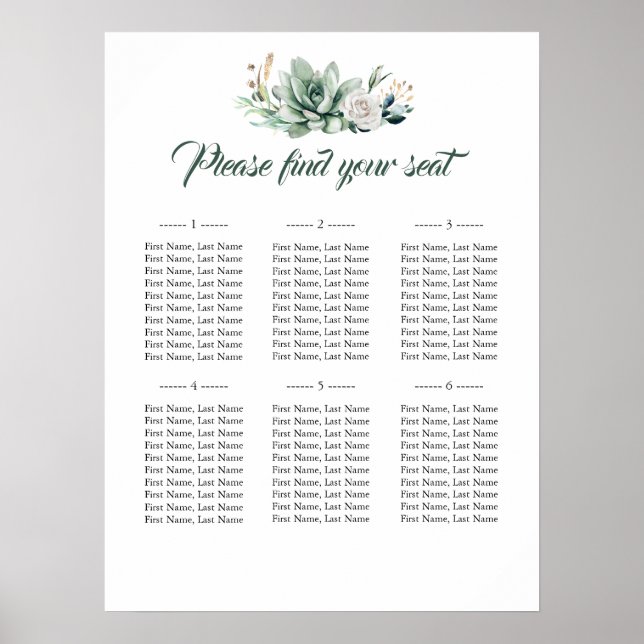 Succulents Elegant Wedding Seating Chart (Front)