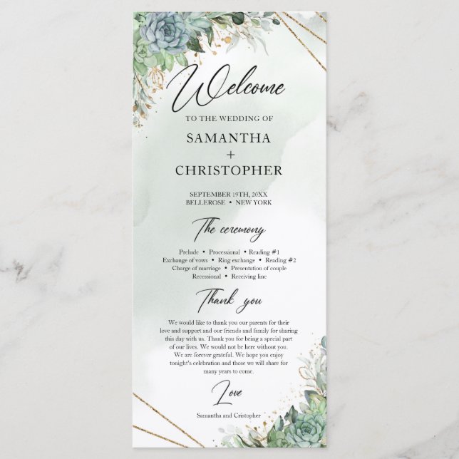 Succulents eucalyptus gold frame wedding program (Front)