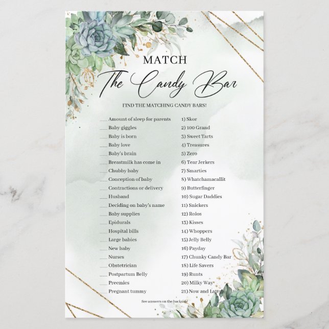 Succulents eucalyptus gold Match The Candy Bar (Front)