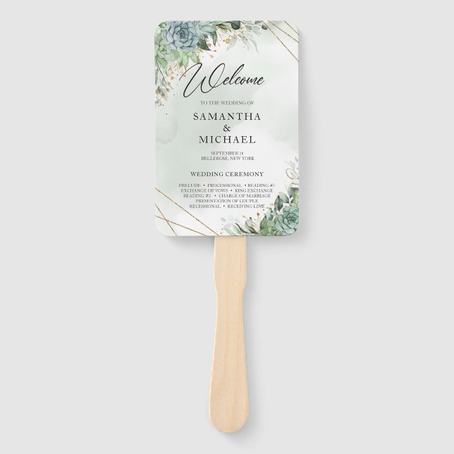 Succulents eucalyptus wedding program hand fan (Front)
