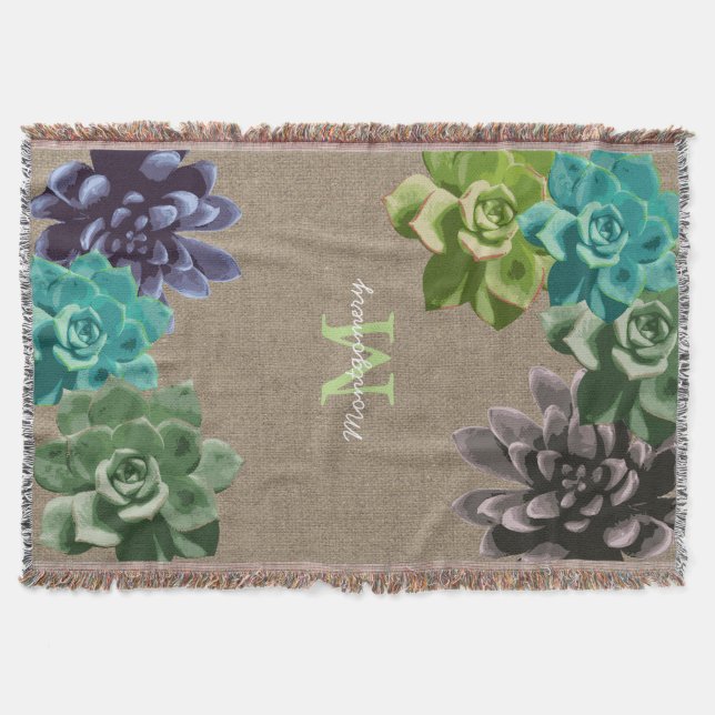 Succulents Faux Burlap - Personalised Throw Blanket (Front)