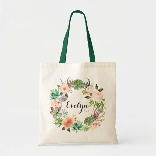 Succulents Floral Blush Peach Greenery Tote Bag (Front)