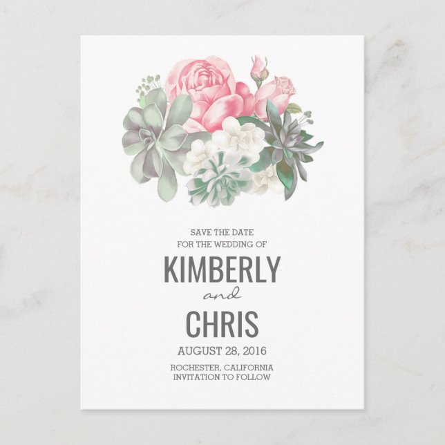 Succulents Floral Pink Bouquet Save the Date Announcement Postcard (Front)