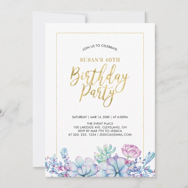Succulents Flower & Gold Adult 50th Birthday Party Invitation (Front)