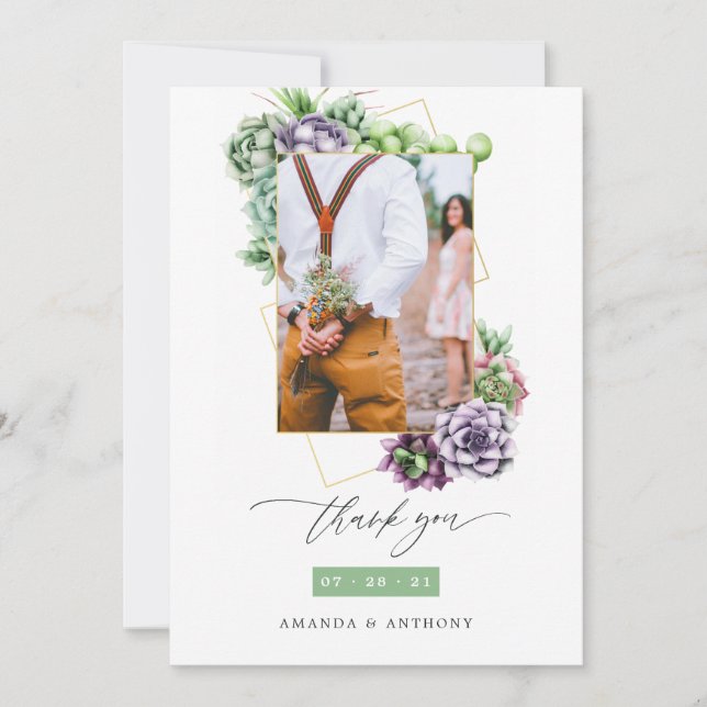 Succulents Geometric Wedding Photo Collage Thank You Card (Front)