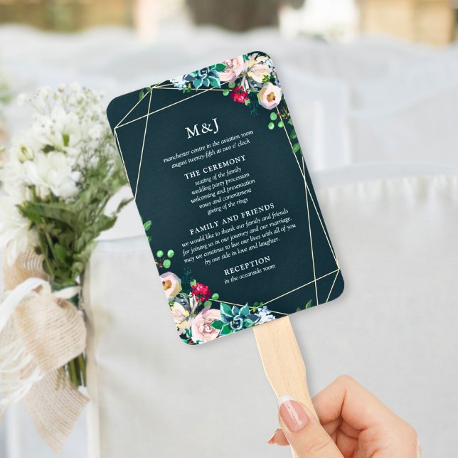 Succulents & Gold Chic Wedding Program Hand Fan (Creator Uploaded)