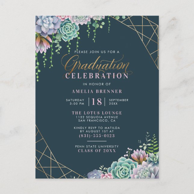 Succulents & Gold Glitter Script Graduation Party Invitation Postcard (Front)