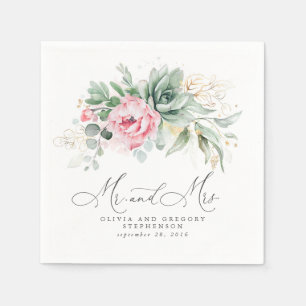 Succulents Gold Greenery and Pink Flowers Wedding Napkin