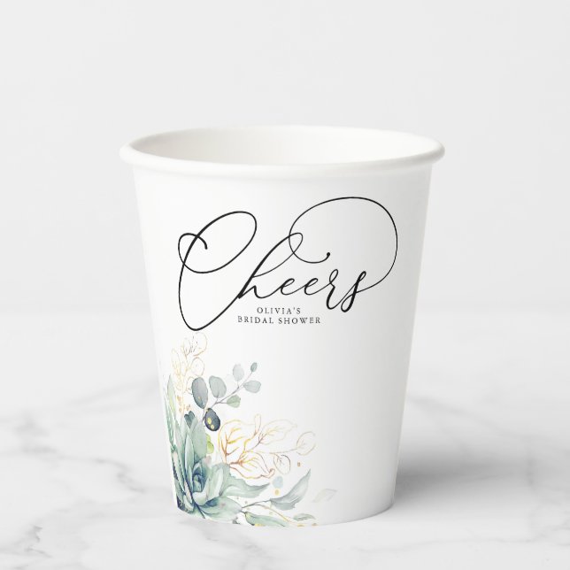 Succulents Gold Greenery Leaves Elegant Modern Paper Cups (Front)