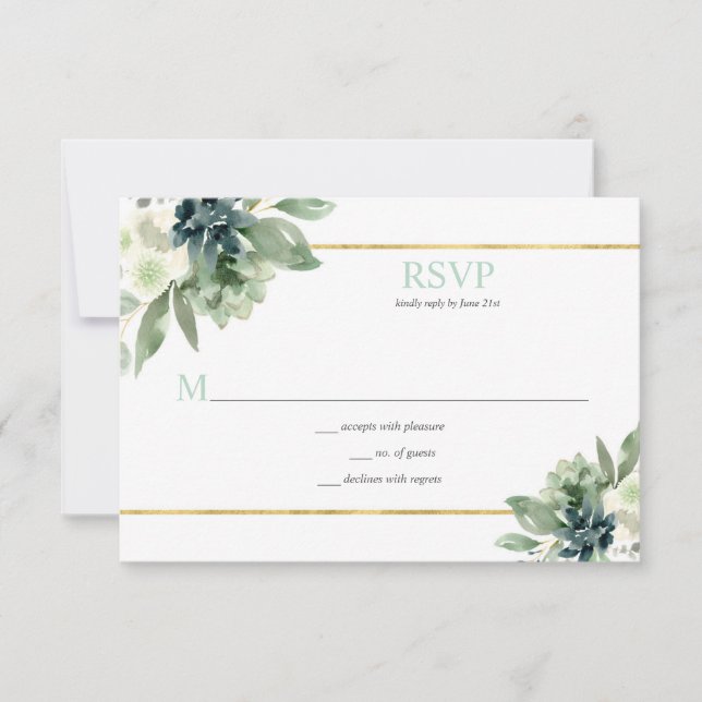 Succulents, Gold, White Flowers - Pale Green RSVP Card (Front)