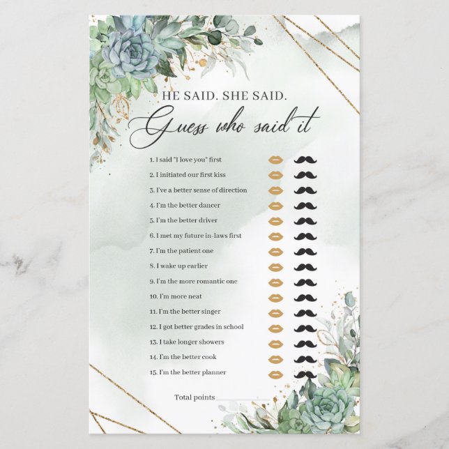 Succulents green eucalyptus gold He said She said (Front)