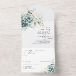Succulents Greenery and Gold Leaves Wedding All In One Invitation