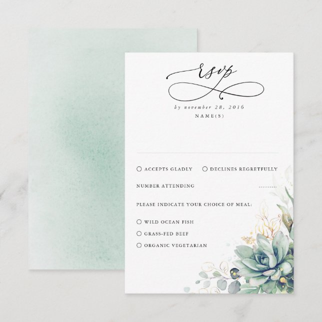 Succulents Greenery and Gold Wedding RSVP Card (Front/Back)