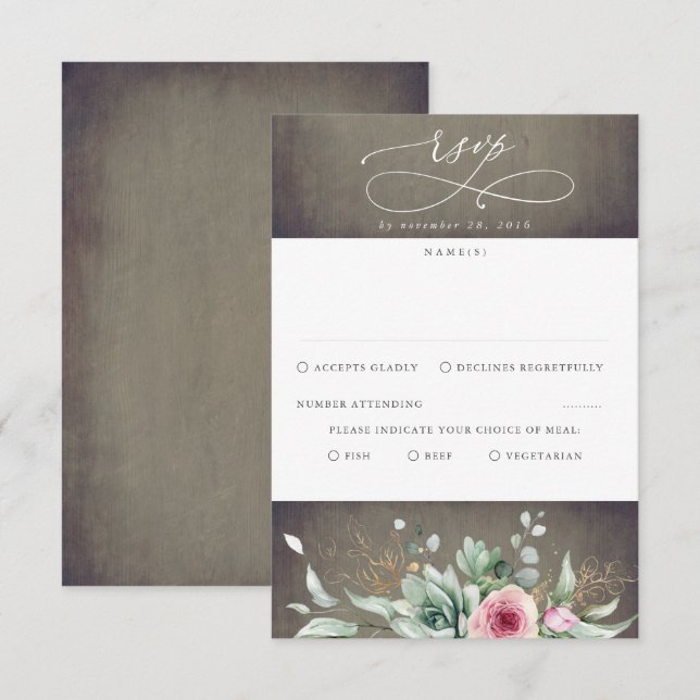 Succulents Greenery and Pink Flowers Wedding RSVP Card (Front/Back)