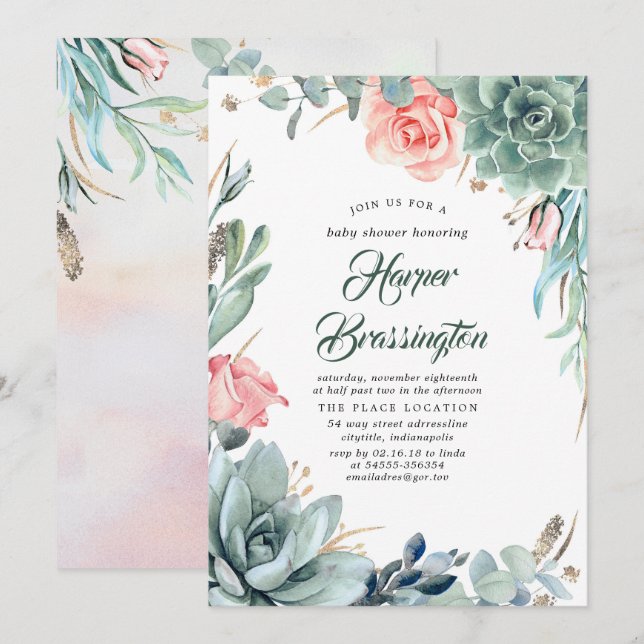 Succulents Greenery and Pink Rose Baby Shower Invitation (Front/Back)