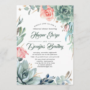 Succulents Greenery and Pink Rose Rehearsal Dinner Invitation