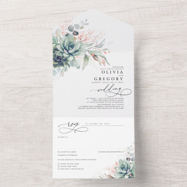 Succulents Greenery and Rose Gold Leaves Wedding All In One Invitation (Inside)