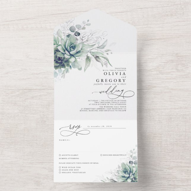 Succulents Greenery and Silver Leaves Wedding All In One Invitation (Inside)