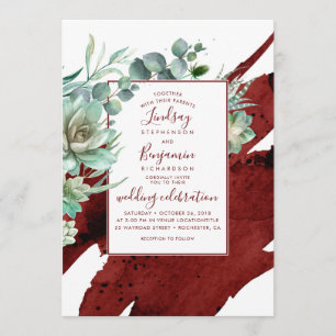 Succulents Greenery Burgundy Red Modern Wedding Invitation