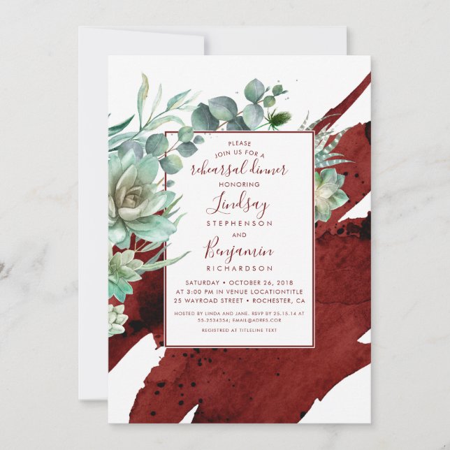 Succulents Greenery Burgundy Red Rehearsal Dinner Invitation (Front)