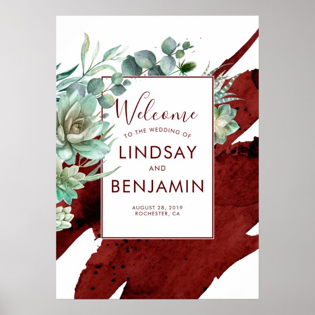 Succulents Greenery Burgundy Red Wedding Poster (Front)