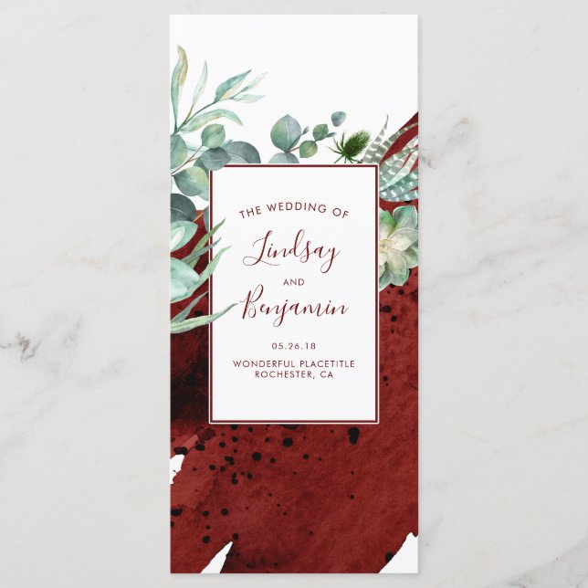 Succulents Greenery Burgundy Red Wedding Programs (Front)