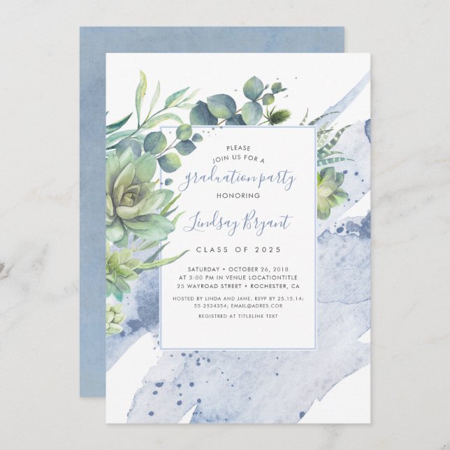 Succulents Greenery Dusty Blue Graduation Party Invitation (Front/Back)