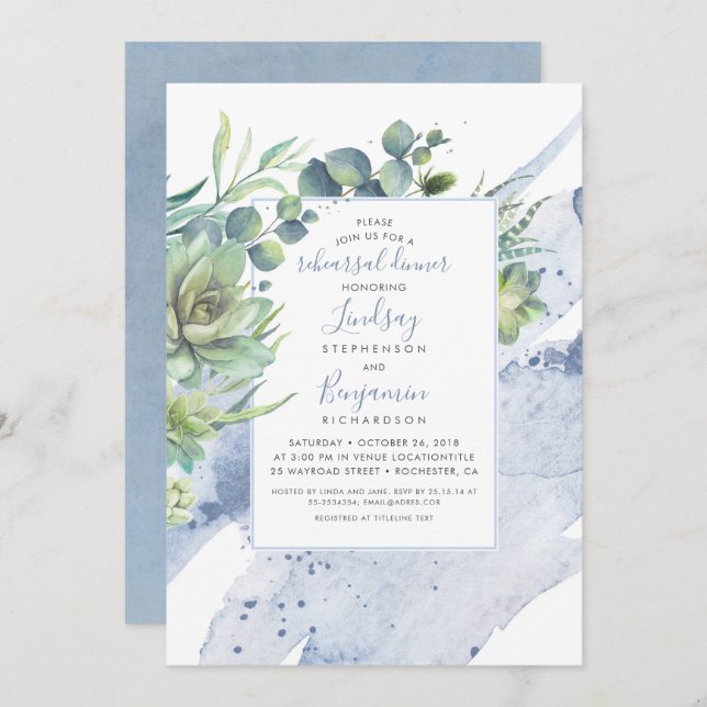 Succulents Greenery Dusty Blue Rehearsal Dinner Invitation (Front/Back)