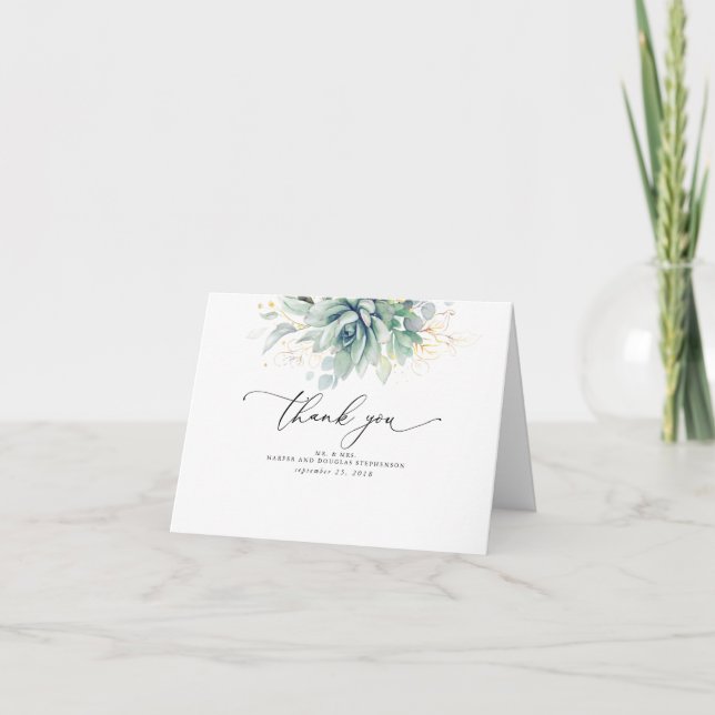 Succulents Greenery Elegant Boho Wedding Thank You Card (Front)