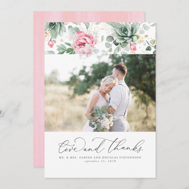 Succulents Greenery Elegant Pink Wedding Thank You (Front/Back)