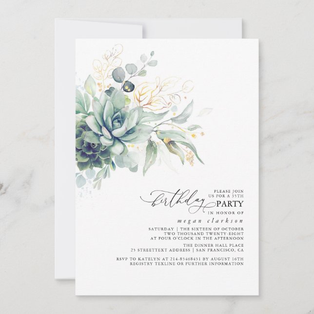 Succulents Greenery Gold Leaves Boho Birthday Invitation (Front)
