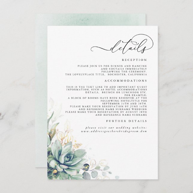 Succulents Greenery Gold Leaves Wedding Details Enclosure Card (Front/Back)