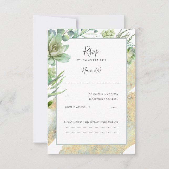Succulents Greenery Gold Modern Wedding RSVP Card (Front)