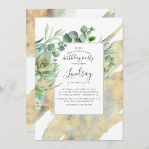 Succulents Greenery Gold Watercolors Birthday Invitation