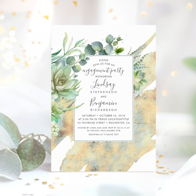 Succulents Greenery Gold Watercolors Engagement Invitation (Succulents Greenery Engagement Party Invitations)