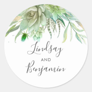 Succulents Greenery Gold Wedding Classic Round Sticker