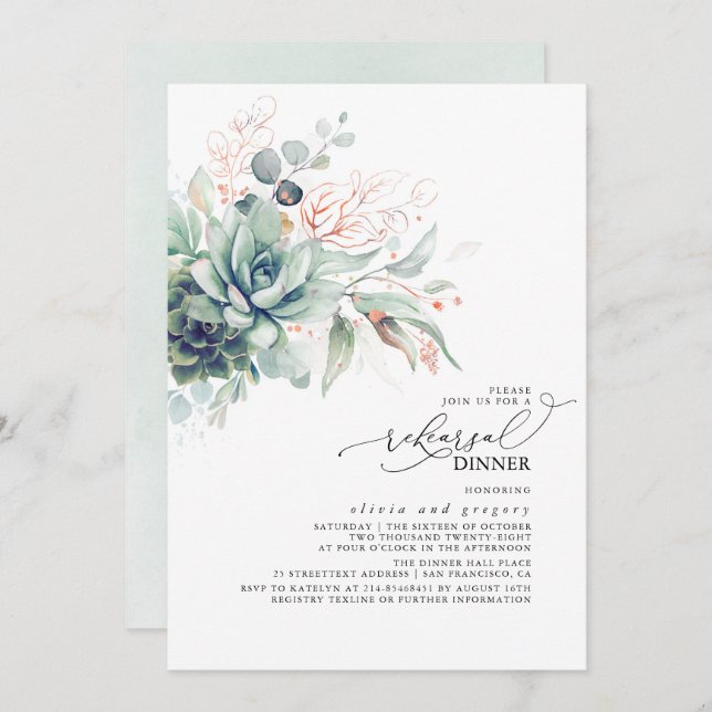 Succulents Greenery Leaves Rehearsal Dinner Invitation (Front/Back)