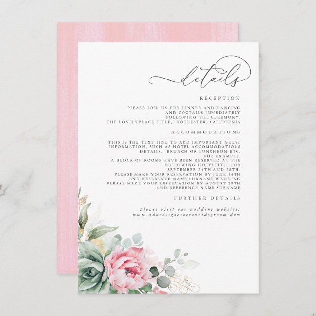 Succulents Greenery Pink Floral Wedding Details Enclosure Card (Front/Back)