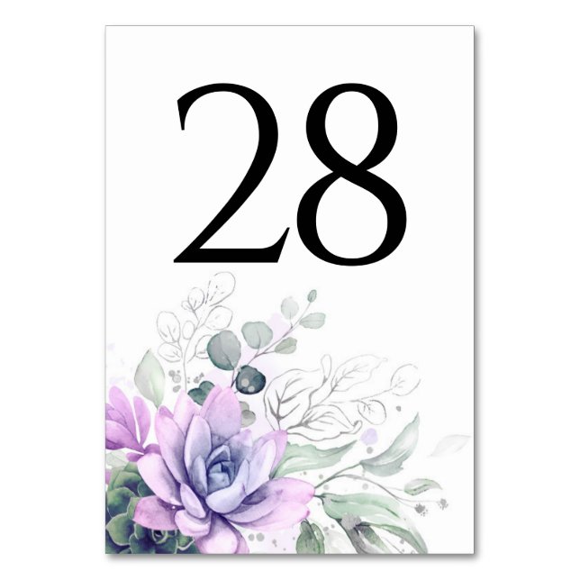 Succulents Greenery Purple Table Number Cards (Front)