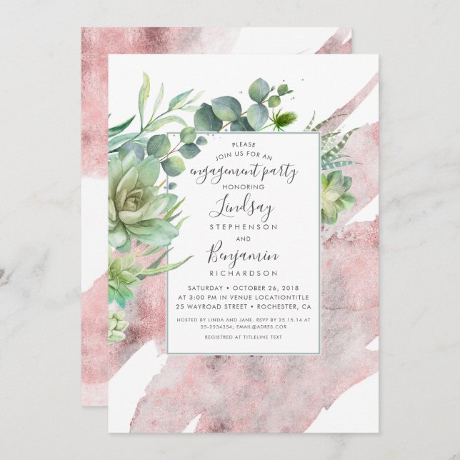 Succulents Greenery Rose Gold Engagement Party Invitation (Front/Back)