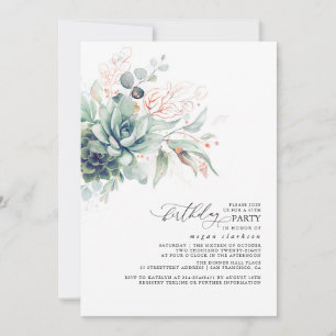Succulents Greenery Rose Gold Leaves Boho Birthday Invitation