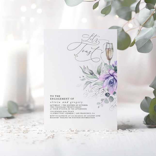 Succulents Greenery Silver Leaves Engagement Party Invitation (Purple Succulents Greenery "Let's Toast" Engagement Party Invitations)