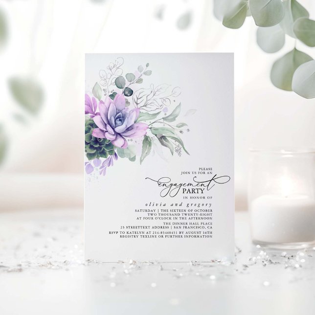 Succulents Greenery Silver Leaves Engagement Party Invitation (Silver and Purple Engagement Party Invitations featuring Watercolor Succulents Greenery)