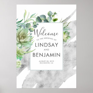 Succulents Greenery Silver Watercolors Wedding Poster