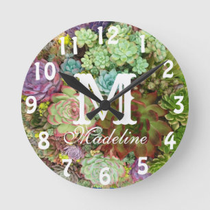 Succulents in Planter Round Clock