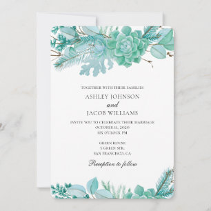Succulents invitation. Mint wedding cactus. Floral Invitation