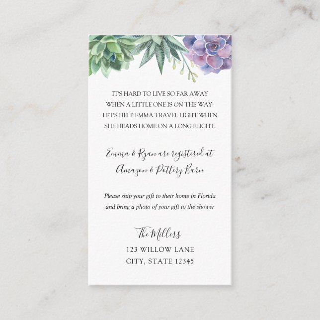 Succulents Long distance baby shower insert (Front)