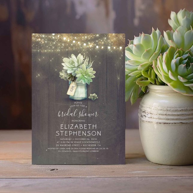 Succulents Mason Jar Rustic Country Bridal Shower Invitation (Rustic Mason Jar and Succulents Bridal Shower Invitations)